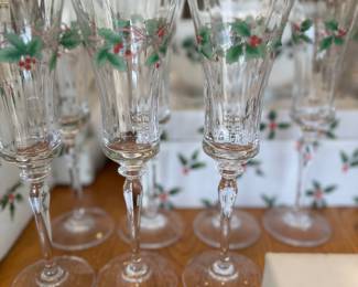 LARGE Collection of MIKASA Ribbon Holly FLUTES and GOBLETS