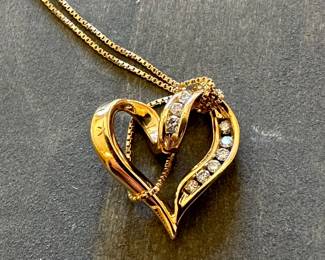 14K GOLD Heart Shaped Pendant with 9 Diamonds on 14K GOLD Necklace
