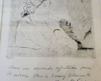'An Affectionate Remembrance for Etria and Irving Goldsmith' Etcing by Clemente Orozco Valladares son of Jose Clemente Orozco. Signed. 