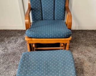 GREEN Glider with Ottoman - 24" deep x 39" tall x 23" wide $80. / Size of Ottoman - 1.5" wide, 13" tall, 16" deep.