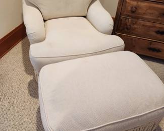 White Boudoir Arm Chair w/Fringe and  w/Matching Ottoman
