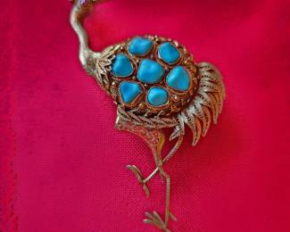 Turquoise and Gold Peacock - 14Kt Gold w/Ruby and Garnet. 
