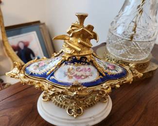 Antique French Dore Bronze Box with Enameled Plaques. 