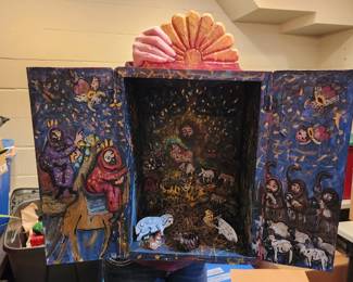 An amazing painted  Nativity scene by Lydia Garcia, famous Taos New Mexico Santera. We have quite a collection of Lydia's art.  Recently passed away - 1936 - 2023. 