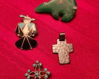 Upper Left Vintage Zuni Thunderbird - Sterling Silver, Turquoise, etc. Right positioned Cross is signed. 