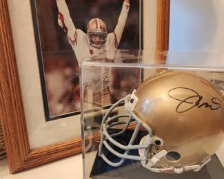 Joe Montana signed photo and helmet in case