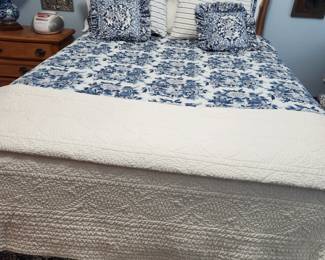 French Style Queen Headoard. Queen Mattress/Box Spring.  Bedding. 