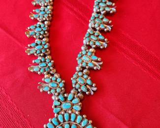 Turquoise and Silver Squash Blossom Necklace 