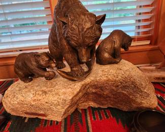 Bronze Bears on a Rock - 'Fishing Rock' Jim Whitworth artist. 