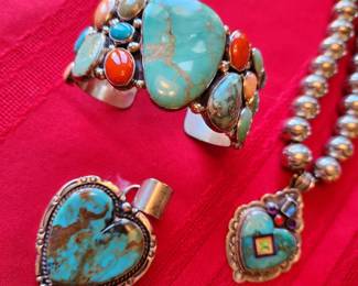 Silver and Turquoise. Gilbert Secatero signed Bracelet signed. 