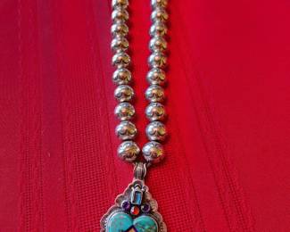 Signed Multi-Stone/Inlaid Turquoise Silver Pendant with Etched Silver Necklace. 