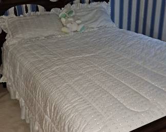Full Size Dark Wood Bed Frame with Foundation; White Full Size Comforter with Matching Pillow Shams