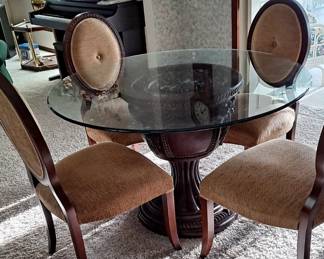 Glass Topped Pedestal Dining Table with Four Wood & Upholstered Chairs - very nice!