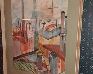 Original Watercolor. Factory or City Scape Scene. Mid Century Modern.