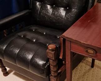 Vintage Black Leather & Wood Recliner and Mahogany Drop Leaf End Table