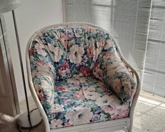 White Wicker Set with Floral Upholstery: One Chair, One Rocking Chair and a Love Seat, including a multiple Side / End Tables; and Silk Plant(s), including a Pole Lamp