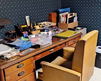 Vintage Wood Desk; Gold Upholstered Rolling Office Chair; Assorted Office Supplies.