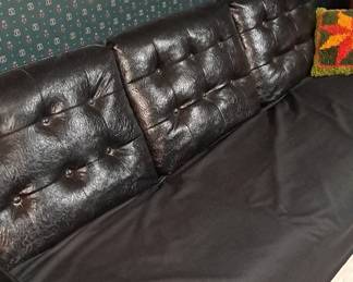Vintage Black Leather and Wood Trim Sofa