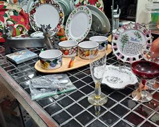 Christmas Serving Ware; assorted Vintage Crystal; Set of Four Round Serving Bowls on Wood Tray - Charcuterie Style Board and more!