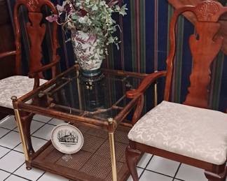 Square End Table -- Glass, Brass, Wood & Cane; Pair of Matching Queen Ann Style Arm Chairs; Large Silk Floral Display and more.