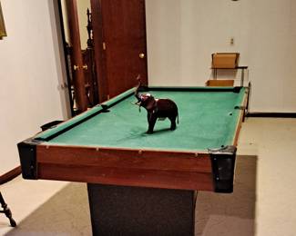 Vintage Pool Table; Wall Clock; Leatherette Covered Elephant Figurine.