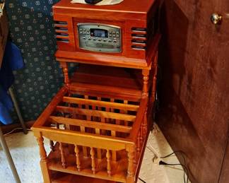 Reproduction Antique Radio with DVD Player. Works! Wood Two Shelf Stand with wood Magazine / Newspaper Rack attached to front end.