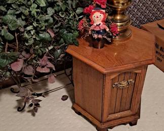 Small Hexagon Wood Endtable with Cabinet Door; Brass Finish Lamp; Silk Plant(s)