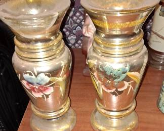 Victorian Gold Mercury Glass Hand Painted Botanicals on Pair of 6" Vases