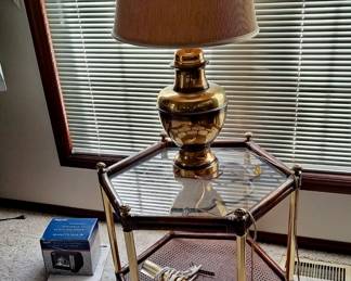 Wood Glass Topped End Table with Cane and Brass Detailing; Brass Wall Sconce / Lamp for Art Work; Large Brass Lamp; B&W Portable TV still in box.