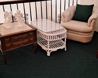 Pair of Barrel Shaped Casual Chairs with Ivory Upholstery; Wood & Marble (?) Topped End Table with 2 Drawers; White Wicker Table (part of Sunroom Set); Pair of Vintage Atlantic Mold Ceramic Musical Angels