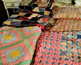 Crazy Quilts; Yo-Yo Quilt with Matching Pillows; and a Diamond Pattern Quilt.