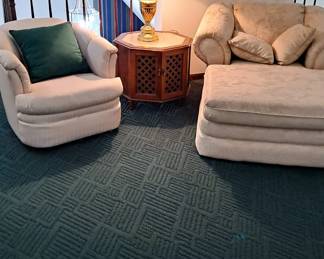 Casual Chair with Ivory Jacquard Upholstery & Pillows; Octagon Shaped End Table with Marble (?) Insert & Cabinet Doors; Pair of Barrel Shaped Casual Chairs with Ivory Upholstery