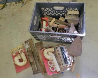 #5020 • Tote, Wooden Handle, (2) Trowels, (2) PVC Pipe Sink Traps, & More
