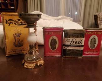 #1450 • Antique Vapo-Cresolene Lamp Vaporizer & (3) Antique Smoking Tobacco Packs

