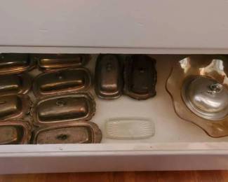 #1156 • Drawer Full Of Silver Plated Butter Plates, Serving Tray, & Glass Bowl
