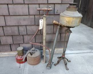 #4908 • Vintage Gas Cans, Bicycle Pumps, and Lantern
