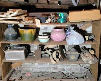 #10004 • Pottery, Tiles Metal L Brackets, Space Heater and Porch light.
