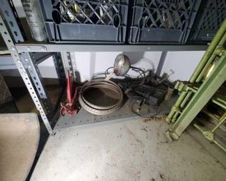 #5181 • Vintage Heater, Electric Doorbell, Fenton Radiator, Hub Caps, and Hand Wood Splitter
