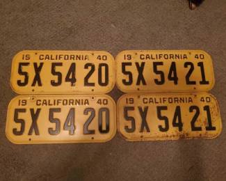 #1456 • 2 Consecutive Pairs Of Yellow & Black 1940 California License Plates
