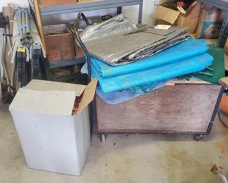 #5168 • Wooden Push Cart, Box Of Rags, & (4) Tarps
