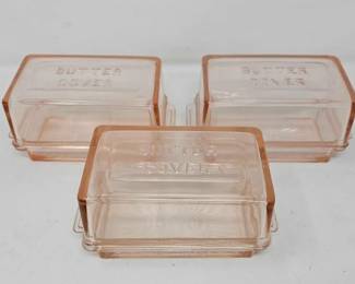 #1130 • 3 Pink Butter Dishes, Marked "Butter Cover"
