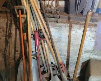 #10028 • (3) Scoop Shovels, (3) Brooms, (6) Shovels, Rake, & Derooter

