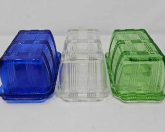 #1122 • 3 Butter Dishes. Blue, Clear, and Green
