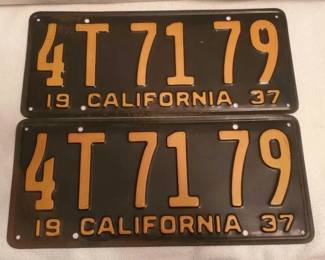#1468 • Pair Of Black & Yellow 1937 California License Plates
