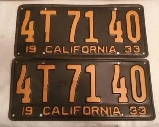 #1476 • Pair Of Black & Yellow 1933 California License Plates
