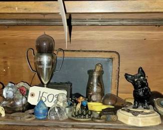 #1508 • Miniature Animal Sculptures, Ash Trays, Penny Collection, Vintage Locks
