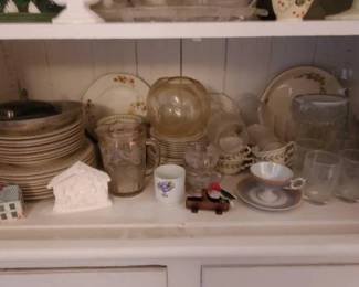 #1154 • Shelf Of Glass, Silver Butter Plate, & Metal Bowl
