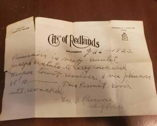 #1446 • 1924 City of Redlands Permit to Conceal Carry Revolver Handwritten Letter from the Chief of Police
