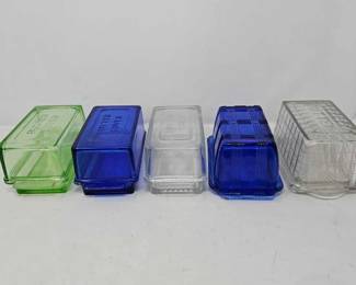 #1132 • 5 Butter Dishes, Green, Blue and Clear
