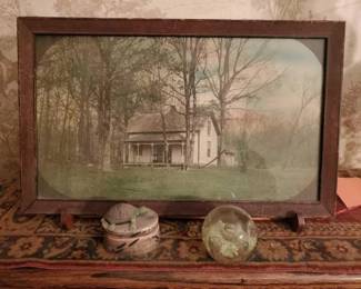 #1484 • House In A Forest Art Framed, Turtle Statue, & Glass Art
